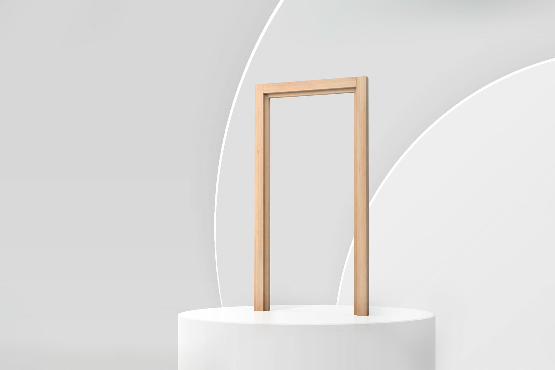 Ein minimalistischer Holzrahmen auf einem Sockel.