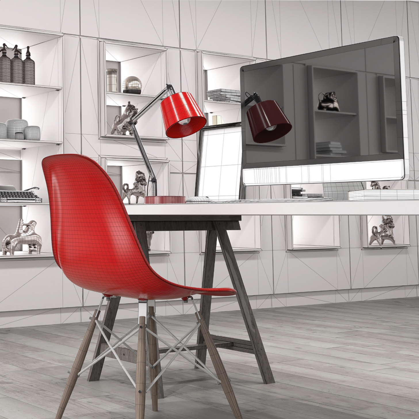 Moderne Büroumgebung mit Schreibtisch und Lampe.